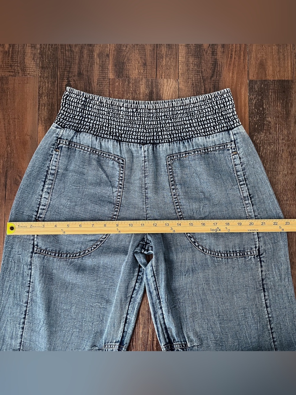 Anthropologie Pilcro Reese Barrel Leg Pull On Pants Smocked Cotton Size XS Blue - Picture 13 of 16